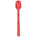 A red polycarbonate spoon with a perforated bowl and handle.