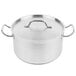 A silver Vollrath sauce pot with handles and a lid.