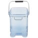A blue plastic Rubbermaid ice tote with a handle.
