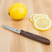 A Victorinox paring knife with a serrated edge and rosewood handle cutting a lemon on a table.