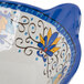 A close up of a blue and white melamine Santa Lucia bowl with a cat design.