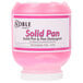 A pink container of Noble Chemical concentrated solid pan detergent with a white label on a counter.