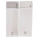 Two Tablecraft stainless steel salt and pepper shakers with the letter S on a white surface.