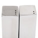 Two Tablecraft stainless steel square salt and pepper shakers.