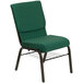 A Flash Furniture green church chair with gold dots and a gold metal frame.