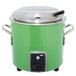 A green Vollrath stock pot kettle with a lid.