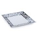 A white square melamine plate with a black and silver design.