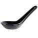 A black melamine soup spoon with a long handle.