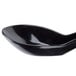 A close-up of a black melamine soup spoon with a handle.