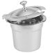 A silver metal Vollrath soup inset pot with a lid and a chrome handle.