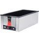 A rectangular silver Vollrath countertop food warmer with a black and red label.