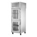 A stainless steel True pass-through refrigerator with glass doors.