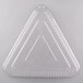 A clear plastic triangular lid for a Fineline triangle shaped container.