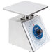 An Edlund stainless steel portion scale with a blue dial on a counter.