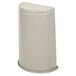 A beige Rubbermaid Untouchable half round trash can with a lid.