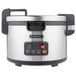 A silver and black Hamilton Beach rice cooker with a black handle.