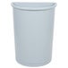 A Rubbermaid gray half round trash can with a lid.
