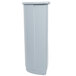 A gray Rubbermaid Untouchable half round trash can with a black lid.