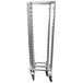 A silver metal Channel Lo Profile Nesting Sheet Pan Rack with wheels.