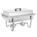 A silver metal Vollrath Trimline II chafer with a lid.