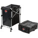 A Rubbermaid laundry cart with a black bag and cover.