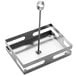 A stainless steel rectangular condiment caddy with a metal rod.