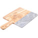 An American Metalcraft olive wood and marble serving board with a handle.