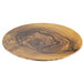 An American Metalcraft round melamine serving board with a faux olive wood swirl pattern.