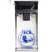 A Manitowoc stainless steel ice bagger with a plastic bag in a dispenser and a handle on top.
