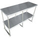 A stainless steel double deck knock down overshelf on a table with two shelves.