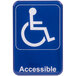 A blue sign with white letters and a white wheelchair symbol on it.