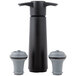 A black Vacu Vin wine bottle pump with two grey stoppers.