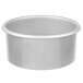 A silver round metal container with a stainless steel finish.