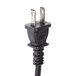 A black electrical plug with two metal prongs.