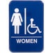 A blue sign with white text and a woman and a wheelchair.