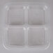 A clear square Fabri-Kal plastic container with four compartments.