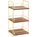 A Cal-Mil three tier wood and gold wire merchandiser shelf.