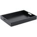 A black rectangular Cal-Mil bamboo room service tray with handles.