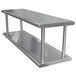 A stainless steel wall mount shelf with two shelves and metal bars.