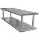 A stainless steel wall mount shelf with two metal shelves on it.