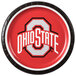 A red and white Ohio State University paper plate with a logo.