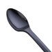 A close-up of a black plastic WNA Comet tasting spoon.