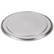 An American Metalcraft silver round pizza pan with a white background.