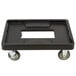 A black plastic dolly with wheels for Cambro containers.