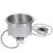 A silver metal Hatco drop-in soup well with a drain.