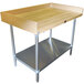 An Advance Tabco wood baker's table with a stainless steel undershelf.
