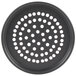 A black circular American Metalcraft Super Perforated Hard Coat Anodized Aluminum pizza pan with holes in it.