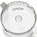 A clear plastic Waring chopper bowl with handle and the words "chop" on it.