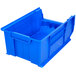 A blue plastic Metro stack bin with a square bottom.