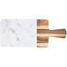 An Elite Global Solutions rectangular faux wood and marble melamine serving board with a wooden handle.